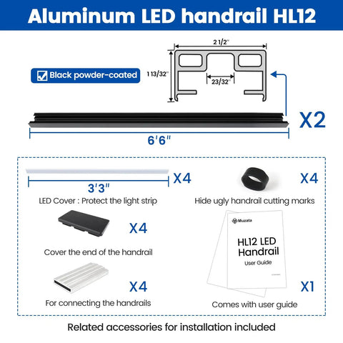 Diagram of Rock Solid Heavy Duty Black Aluminum LED Cable Railing Handrail Six Foot Six Inches with accessories and dimensions.