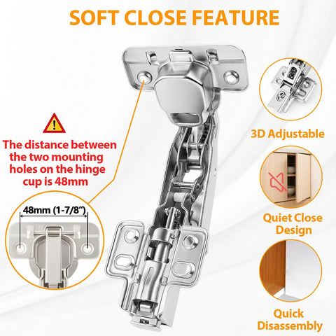 TamBee 175° concealed hinge close-up for frameless doors; 48mm mounting, nickel-plated, soft-close damper; pair.
