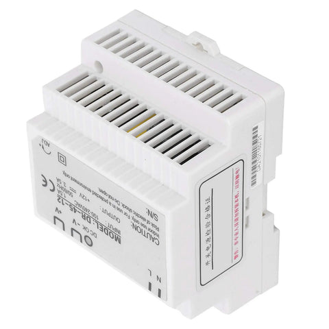 Beefy 45W 12V DIN Rail Switching Power Supply For Industrial Control, 100 240VAC Input, 12V Output, Single Output, Rugged ABS Housing, Plug And Play, Universal Electrical Conversion Component, white ABS side view