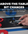 Smooth Running Precision Router Table Lift System Featuring Hard Anodized Aluminum Plate And Bearing Guide Carriage Dead Nuts Above Table Bit Swaps for user-friendly bit changes.
