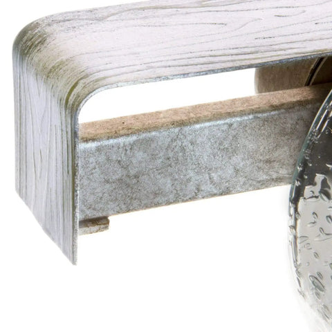 Detail of wood grain and galvanized finish on Gulliver Collection Three Light Clear Seeded Glass Coastal Bath Vanity Light