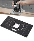 Rock Solid Router Table Insert Plate With Adjustable 62 By 70 Mm Hole Spacing shown with trim router and woodworking surface.