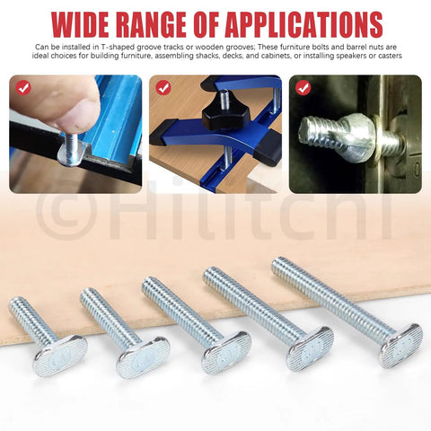 40 Piece Tee Bolt Set In 5 Sizes 1/4-20 T Bolts For T Track And Slot Jigs with examples of application in woodworking.