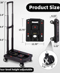 Portable Car Seat Dolly for Travel Foldable Hand Truck with 110 Lb Capacity, dimensions and wheel details shown.