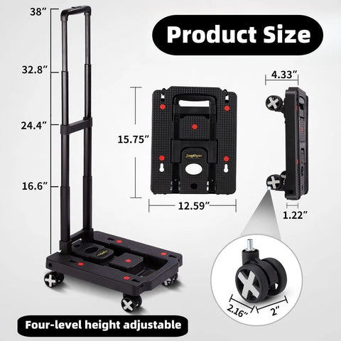 Portable Car Seat Dolly for Travel Foldable Hand Truck with 110 Lb Capacity, dimensions and wheel details shown.