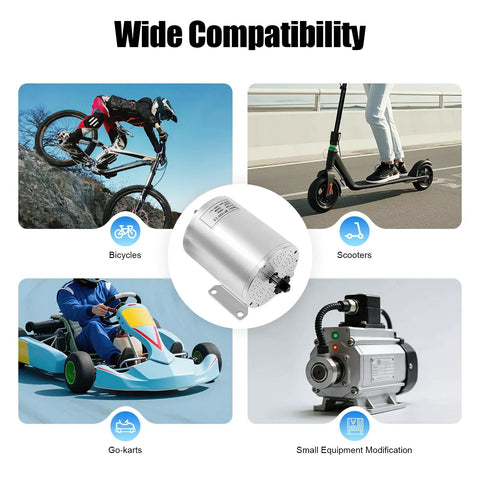 48V 2000W Brushless DC Motor Kit with 4300RPM High Speed Electric Motor shown with bicycles, scooters, go-karts, equipment