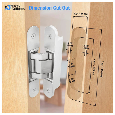 Hidden Concealed Door Hinges With Invisible Look, 180 Degree Swing, satin nickel finish installed in a door cutout with dimensions shown