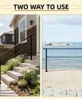 Heavy Duty Outdoor Handrails For 5 Step Exterior Stairs Solid Wrought Iron Railing with crossbar support on stairs and by the water.