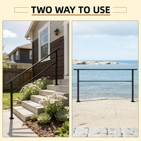Heavy Duty Outdoor Handrails For 5 Step Exterior Stairs Solid Wrought Iron Railing with crossbar support on stairs and by the water.