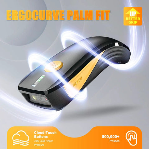 Compact Bluetooth Barcode Scanner For 1D And 2D Codes, showcasing ergonomic design and cloud-touch buttons, with battery indicator