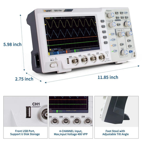100MHz Four Channel Digital Storage Oscilloscope With 7 Inch LCD displaying waveform measurements, dimensions labeled.
