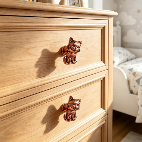 Hella Adorable 3D Sitting Cat Cabinet Knobs Four Pack Vintage Metal Drawer Pulls For Kitchen Cabinetry Upgrades With Embossed Fur Texture And A Super Chill Vibe To Liven Up Your House Today, showing bronze cat knobs on a light wood dresser.