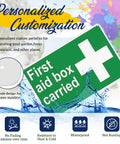 Green personalized 'First Aid Box Carried' sign with customization options, waterproof and rust-resistant, showing durability details.