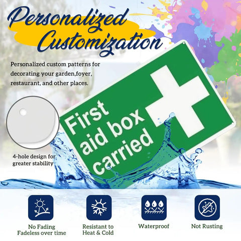 Green personalized 'First Aid Box Carried' sign with customization options, waterproof and rust-resistant, showing durability details.