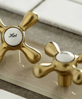 Close-up of brushed brass hot and cold knobs for Magellan 6 Inch Adjustable Center Wall Mount Kitchen Faucet, detail view