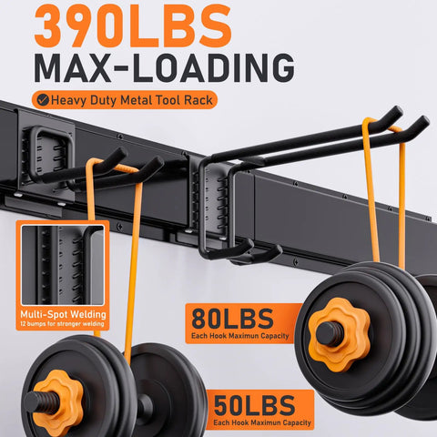 Heavy Duty Garden Tool Organizer Wall Mount For Garage With 3 Racks And 6 Adjustable Hooks, 48 Inch Steel Tool Storage System Holds Up To 390 Lbs For Shovels, Rakes, Yard Tools visible with 390 lb capacity and hook detail