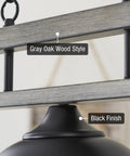 Close-up of gray oak wood style and black finish on Dope 35 Inch 3 Light Modern Farmhouse Island Pendant Light With Large Dome Shades.