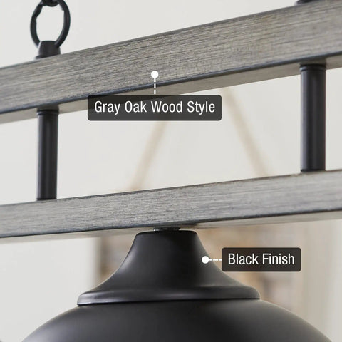 Close-up of gray oak wood style and black finish on Dope 35 Inch 3 Light Modern Farmhouse Island Pendant Light With Large Dome Shades.
