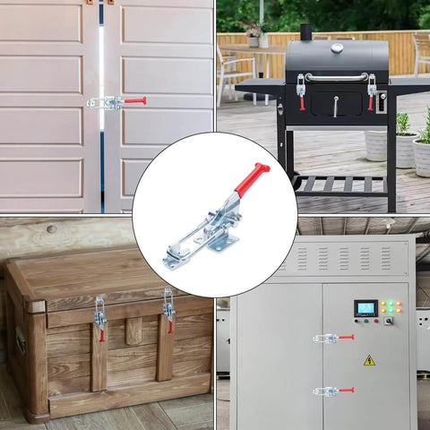 Beefy Six Pack Toggle Latch Clamp Set With 700 Lb Holding Power, Self-Locking Design For Woodworking Jigs, Smokers, Cabinet Boxes And Suitcases, Heavy Duty, Adjustable Clamps For Secure, Vibration-Resistant Holding installed on various surfaces.