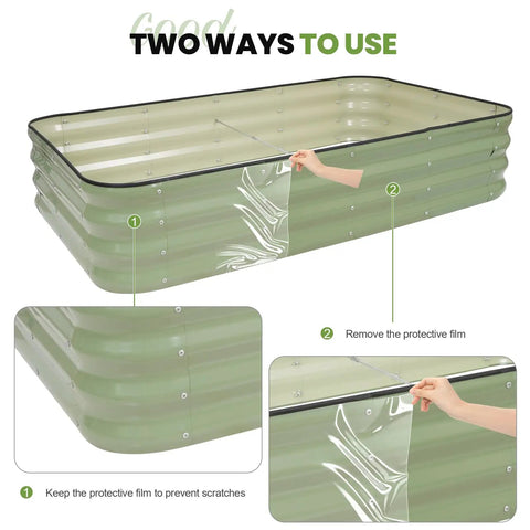 Close-up of 4-In-1 Adjustable Raised Garden Bed Kit With Galvanized Planter Boxes showing protective film on metal surface