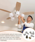 Man installing heavy duty ceiling fan blade screws 1/4-20 inch by 3/8 inch carbon steel with washers for stable fan operation.
