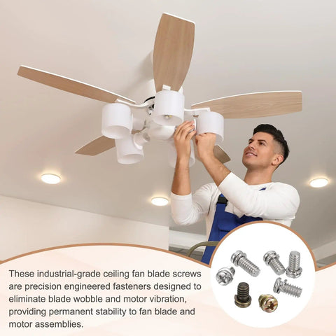 Man installing heavy duty ceiling fan blade screws 1/4-20 inch by 3/8 inch carbon steel with washers for stable fan operation.