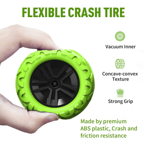 Close-up of flexible crash tire for Kid-Friendly Offroad RC Car With Headlights And Dual-Sided Stunts, 4WD Power.