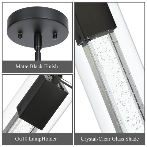 Modern Black Kitchen Pendant Light With Square Glass Shade And Bubble Crystal Column Hardwired Ceiling Fixture LED Bulb Included