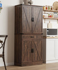 Kick Out Clutter Fast With This 71 Inch Tall Kitchen Pantry Cabinet Featuring Three Spacious Drawers Six Farmhouse Barn Doors Heavy Duty Steel Frame And Adjustable Shelves In Warm Brown.