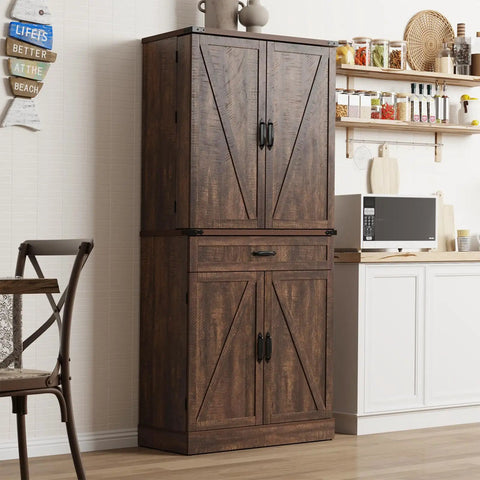 Kick Out Clutter Fast With This 71 Inch Tall Kitchen Pantry Cabinet Featuring Three Spacious Drawers Six Farmhouse Barn Doors Heavy Duty Steel Frame And Adjustable Shelves In Warm Brown.
