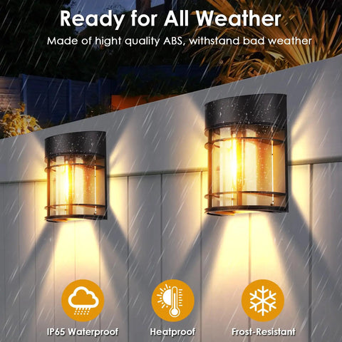 Solar Wall Fence Lights Outdoor 6 Pack, LED Tungsten Filament deck lights illuminating a wet fence, showing waterproof design.