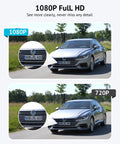 Outdoor Security Cam 1080P HD With Wi Fi Motion Detection Two Way Audio Night Vision 130 Degree Wide Angle Alexa Compatible Micro SD Card Slot And US Cloud Storage comparison of 1080P vs 720P image quality on a car's license plate.