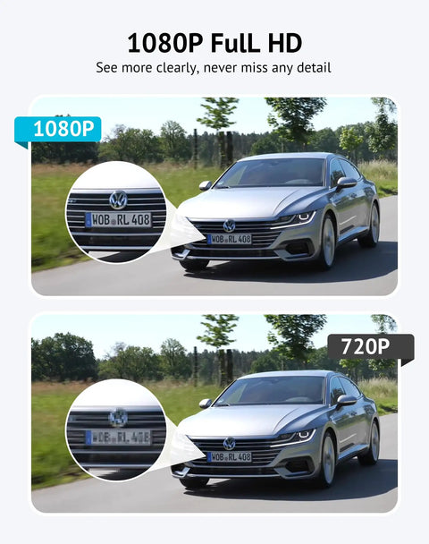 Outdoor Security Cam 1080P HD With Wi Fi Motion Detection Two Way Audio Night Vision 130 Degree Wide Angle Alexa Compatible Micro SD Card Slot And US Cloud Storage comparison of 1080P vs 720P image quality on a car's license plate.