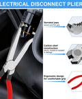 Heavy Duty 11 Piece Electrical Disconnect Pliers And Wire Stripper Kit With Hose Clamp Tool and Six 2 Pin Connector Sets for Straight Up Auto Wiring Jobs And Quick Fixes, showcasing serrated jaws and ergonomic grips.