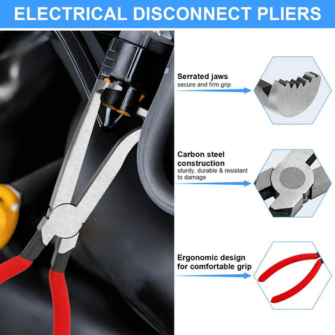 Heavy Duty 11 Piece Electrical Disconnect Pliers And Wire Stripper Kit With Hose Clamp Tool and Six 2 Pin Connector Sets for Straight Up Auto Wiring Jobs And Quick Fixes, showcasing serrated jaws and ergonomic grips.