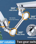Faucet Extender With 1080 Degree Swivel Sprayer Attachment For Kitchen And Bathroom Universal Fit Water Nozzle shown with rotation and modes.