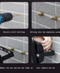 Installation steps for JUDYSSY Solar Flood Lights Solar Led Flood Lights, showing drilling and fixing process.