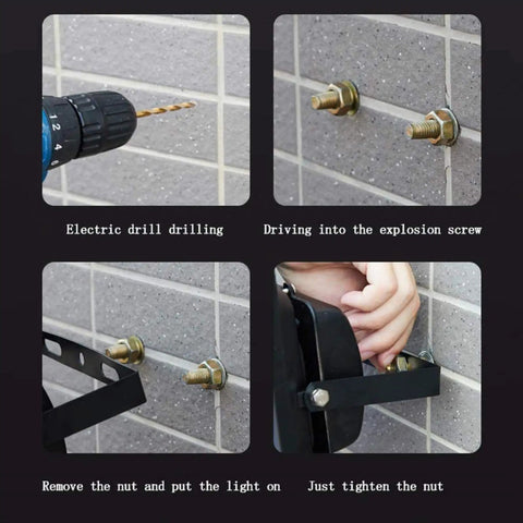Installation steps for JUDYSSY Solar Flood Lights Solar Led Flood Lights, showing drilling and fixing process.