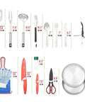 21 Piece Camping Cooking Set for Outdoor Meals showing utensils, knife, scissors, opener, and silverware, black and silver design.