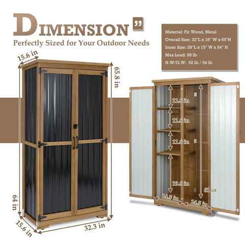 Dimensions of Weatherproof Outdoor Storage Cabinet With Adjustable Shelves, Tall Vertical Shed for Patio and Backyard Tools