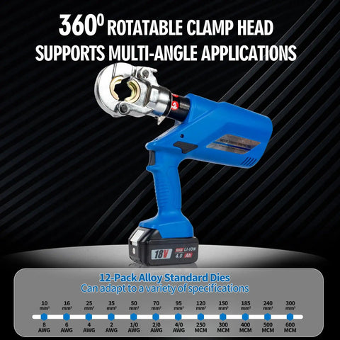 Badass 6 Ton Electric Hydraulic Crimping Pliers With 12 Universal Dies For Cable Lugs And Wire Terminations Delivers knockout force with 360º rotatable clamp head.