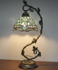 Sea Blue Tiffany Style Dragonfly Stained Glass Desk Lamp With Metal Leaf Base Reading Light For Bedside And Home Office 8x10x21 Inch UL Listed