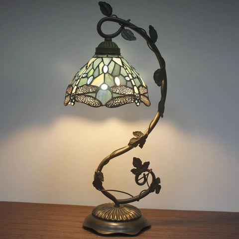 Sea Blue Tiffany Style Dragonfly Stained Glass Desk Lamp With Metal Leaf Base Reading Light For Bedside And Home Office 8x10x21 Inch UL Listed