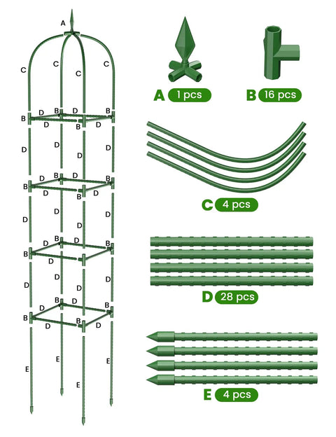 Outdoor Climbing Plant Trellis Obelisk 6Ft Garden Support Tower Tough As Nails Rustproof PE Coated Metal components diagram.