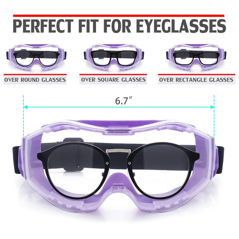 Over Glasses Safety Goggles With Anti Fog Lenses ANSI Z87.1 Protective Eyewear showing adjustable strap and 6.7-inch fit