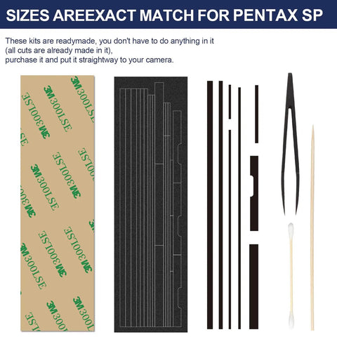 Pre Cut Light Leak Replacement Foam Seal Kit For Asahi Pentax Spotmatic SP SPII SPF K1000 Film Cameras set with pieces and tools shown.