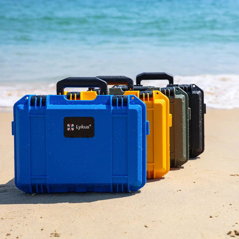 Colorful waterproof hard cases for DJI Mini 4 Pro Mini 3 Pro and RC transmitters RC 2 RC N2 N1 by beach, in multiple colors