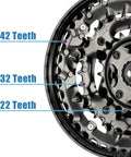 Beefed Up Triple Chainring 170mm Crankset Upgrade Kit For Mountain City Fat And E Bikes With 42T 32T 22T Gearing Six Seven Eight Speed Compatibility Forged Alloy Cranks For Smooth All Terrain Riding, close-up view of triple chainrings showing 42 Teeth, 32 Teeth, and 22 Teeth labels