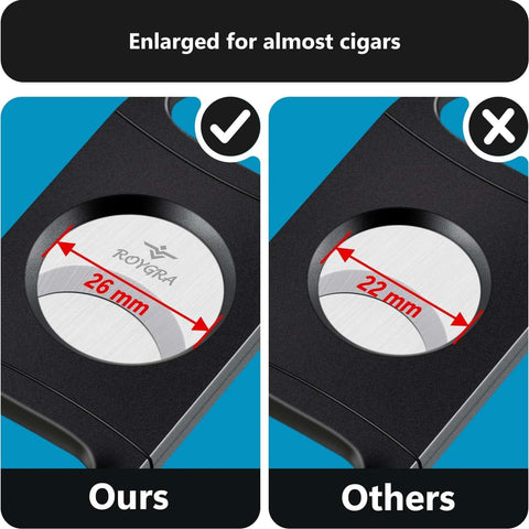 Roygra cigar cutter set, 10-pack, black plastic guillotine with 26 mm and 22 mm diameters, front view