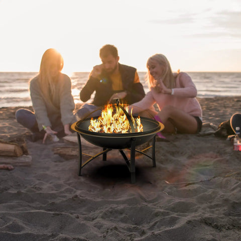 Outdoor Wood Burning Fire Pit For Backyard Camping Steel Fire Bowl With Spark Screen Cover Log Grate And Poker on beach